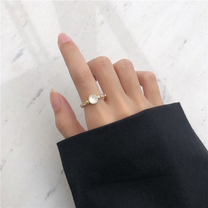 Nhẫn đính đá Opal tròn phong cách Hàn Quốc retro thời trang