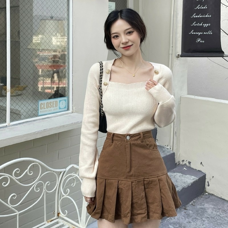 Áo sweater dệt kim ZHELIHANGFEI tay phồng cổ vuông trẻ trung gợi cảm thời trang