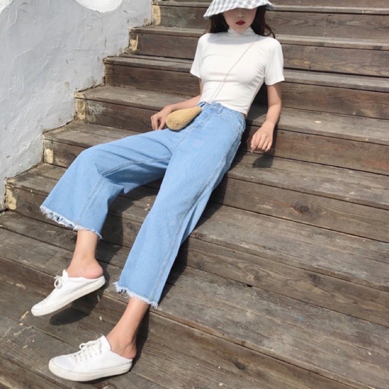 Quần bò ống rộng 2 khuy suông dài