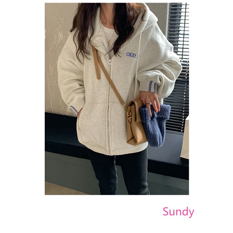 Áo Khoác Hoodie Dáng Rộng Phối Khóa Kéo Thời Trang Mùa Thu Phong Cách Hàn Quốc Cho Nữ