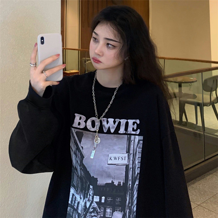  Xiaozhainv Áo Thun Tay Dài Cổ Tròn Màu Đen In Họa Tiết Phong Cách Hàn Quốc Cho Nữ | BigBuy360 - bigbuy360.vn