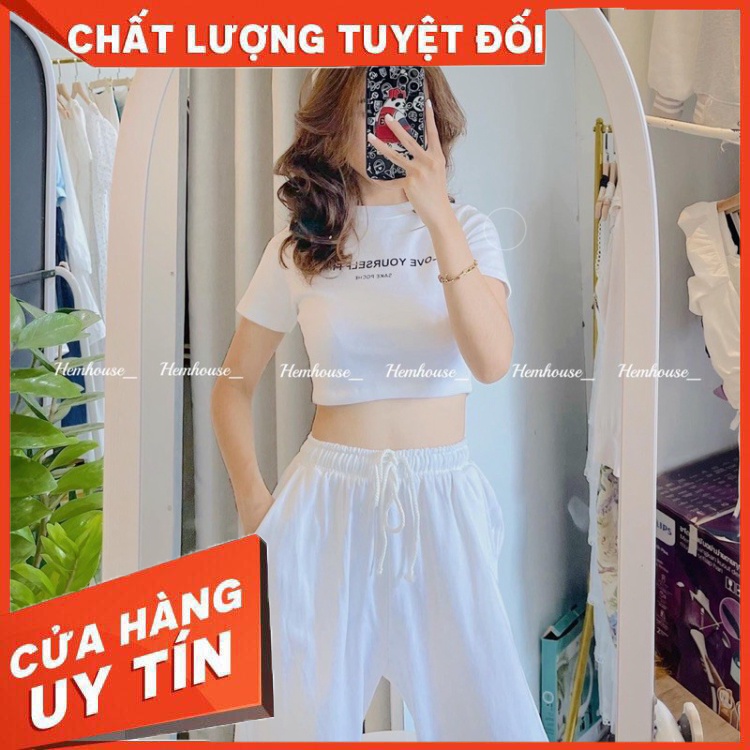 [HOT] SET Áo CROPTOP Cộc Tay Love + Quần Trắng Cực Xinh Chất Thun Mềm Mát, Bộ Quần Áo Form Rộng Giá Rẻ