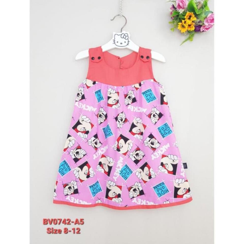 BV0742-A5 - Váy bé gái lanh sát nách , dáng chữ A , đính cúc 2 vai , in mickey , màu hồng phấn , size nhỡ 8t-12t
