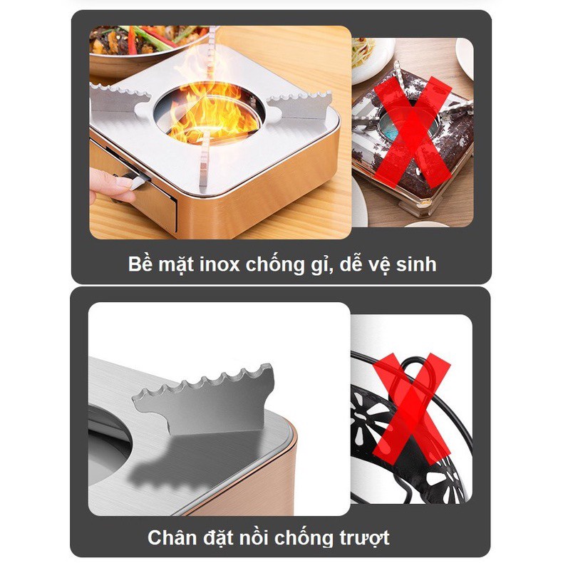Bếp Cồn Chịu Nhiệt Bằng Inox 304 Màu Vàng Gold Dày Dặn, Thiết Kế Sang Trọng, Dễ Vệ Sinh, An Toàn Tuyệt Đối Cho Bàn Ăn