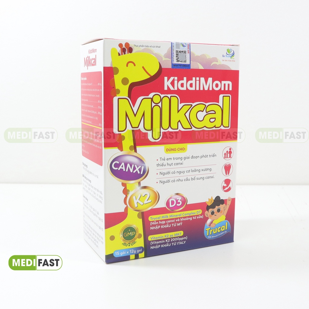 D3 K2 Milkcal KiddiMom dạng thạch, hương dâu bổ sung canxi cho trẻ em và người lớn hỗ trợ phát triển xương răng 15 gói