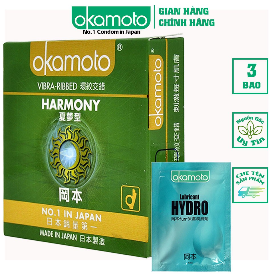 [ Tặng 1 Gói Gel Bôi Trơn Hydro ] Bao Cao Su Okamoto Harmony Gân Sọc Hộp 3 Cái