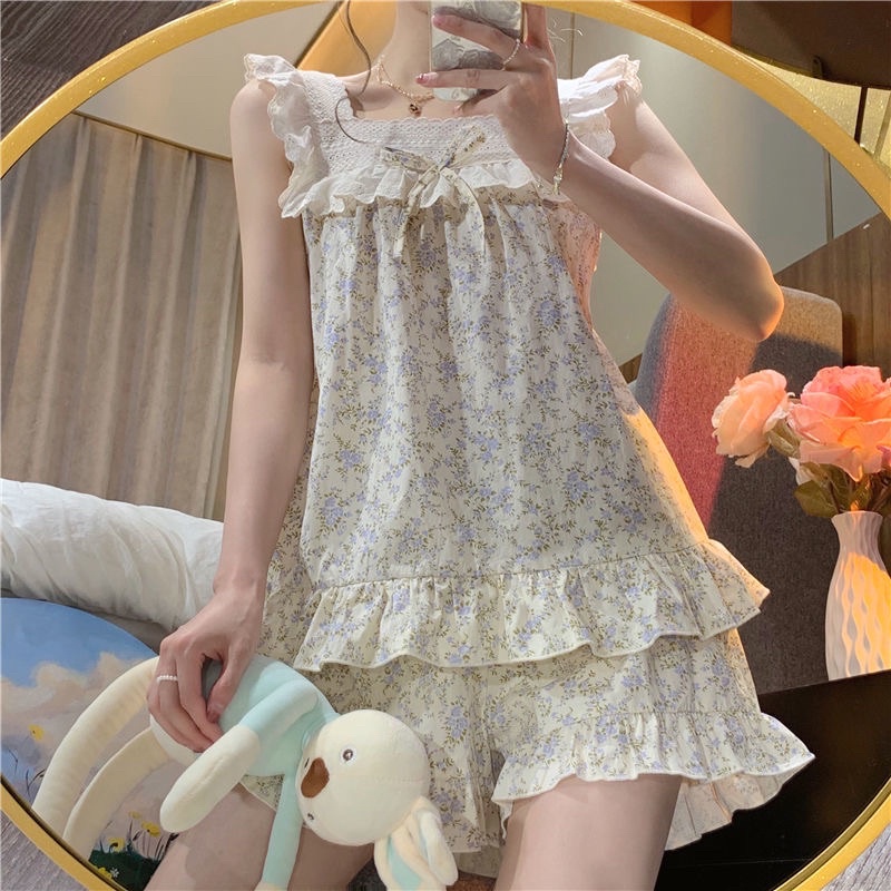 bộ đồ ngủ phong cách công chúa đồ ngủ của phụ nữ mùa hè mới cô gái quần short hoa ngọt ngào