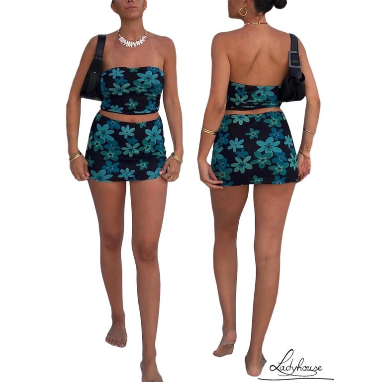 Bộ Áo Ống + Chân Váy Ngắn In Hoa Thời Trang Mùa Hè Cho Nữ