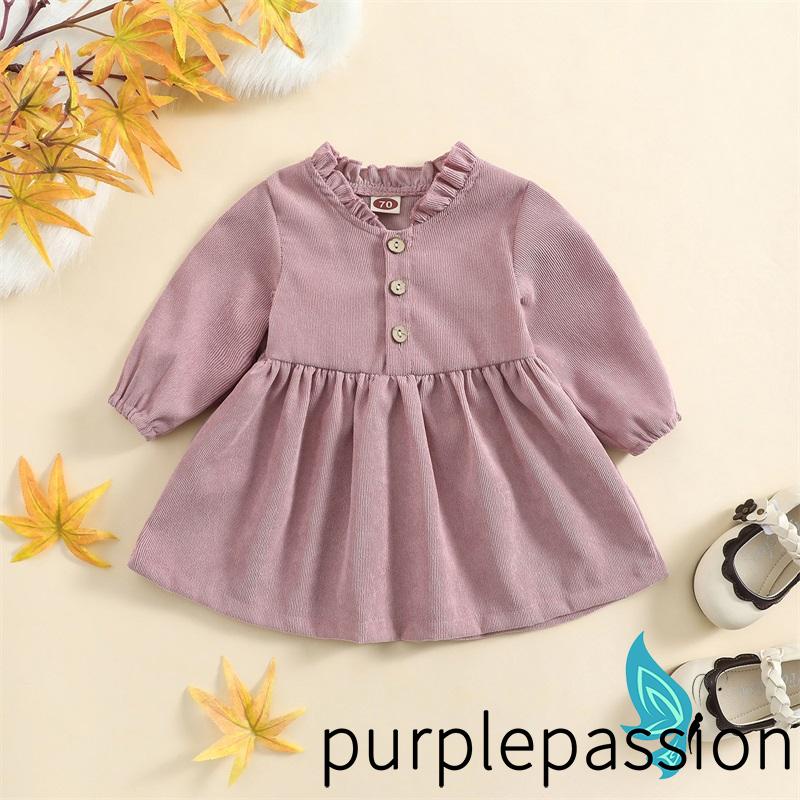 Đầm Nhung Dài Tay Dáng Chữ A Cổ Bèo Màu Trơn Cài Nút Thời Trang Mùa Thu Cho Bé Gái