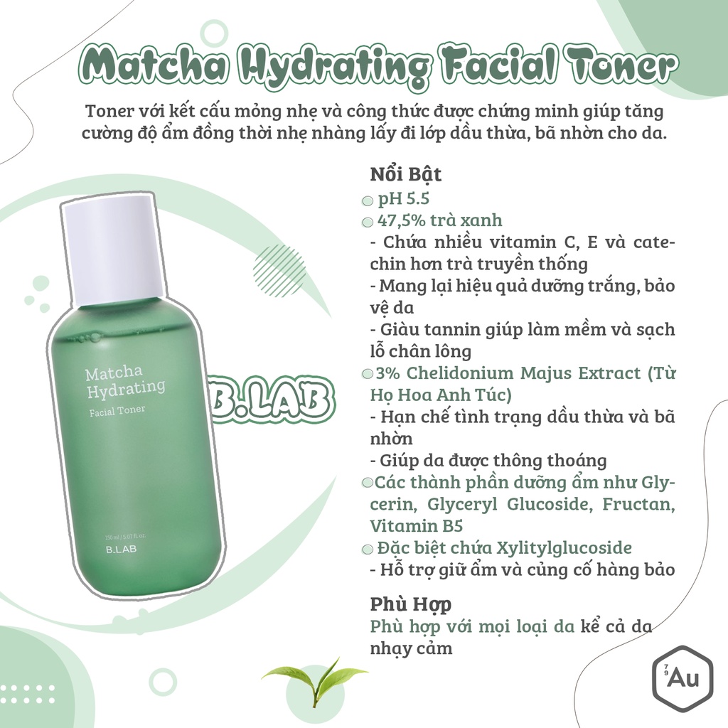 B.LAB | Nước Cân Bằng Da Dưỡng Ẩm, Cân Bằng Dầu Ẩm, Matcha Hydrating Facial Toner 150ml [Hàng Chính Hãng từ B.LAB] | BigBuy360 - bigbuy360.vn