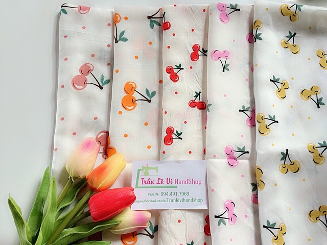 V330🍒 VẢI TWILL CAO CẤP HOẠ TIẾT CHERRY MAY ĐỒ CHO TRẺ EM, DOLL, OBITSU, DIY, DECOR, HANDMADE, QUILTING, SCRUNCHIES....