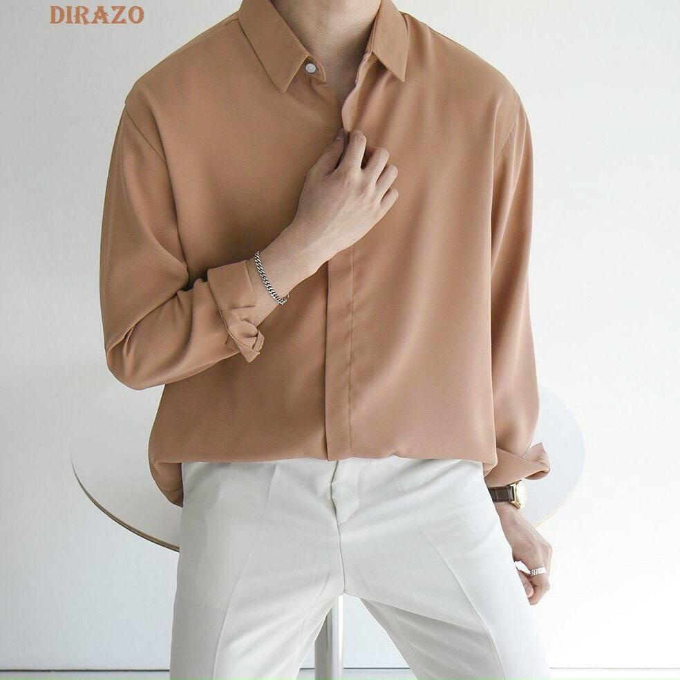 Áo sơ mi nam dấu cúc dài tay dáng rộng hàn quốc vải lụa thái không nhăn không xù