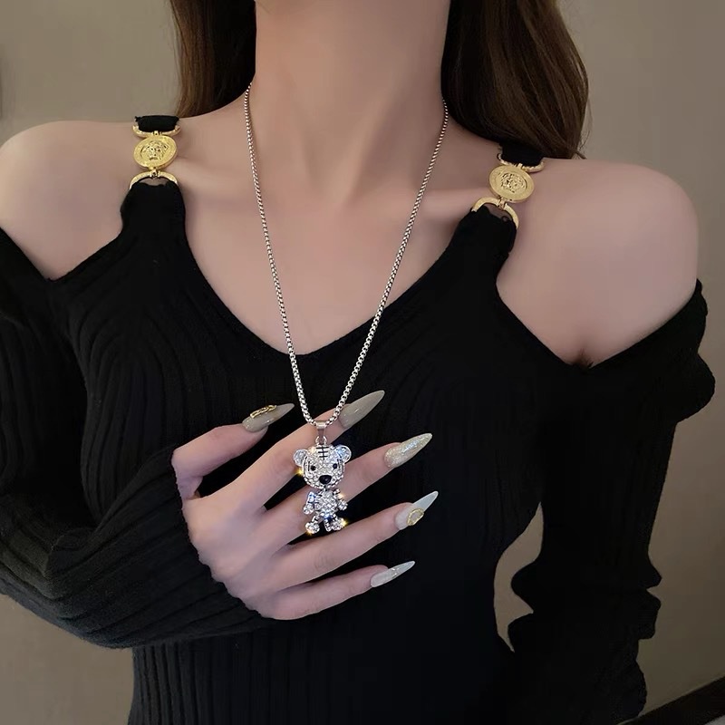 XiaoboACC Dây chuyền thép không gỉ mặt con hổ đính kim cương giả phong cách hip-hop thời trang thu đông 60CM