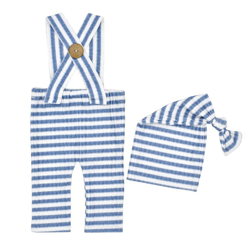 Bộ 2 Món Áo Liền Quần + Mũ Thắt Nút Họa Tiết Kẻ Sọc + Mũ Làm Phụ Kiện Chụp Ảnh Cho