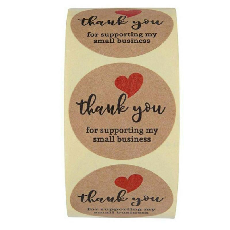 tem dán thank you tim đỏ nền tròn kraft 2.5cm