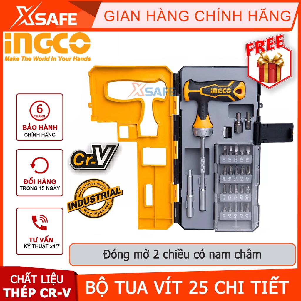 Bộ tua vít đa năng INGCO HKSDB0258 tay cầm chữ T 25 chi tiết, đóng mở 2 chiều tự động có nam châm [chính hãng][xsafe]