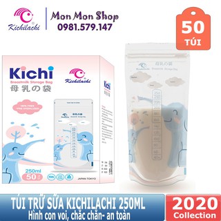 Hộp 50 túi trữ sữa, túi đựng sữa mẹ Kichilachi 250ml Hình voi con, BPA free