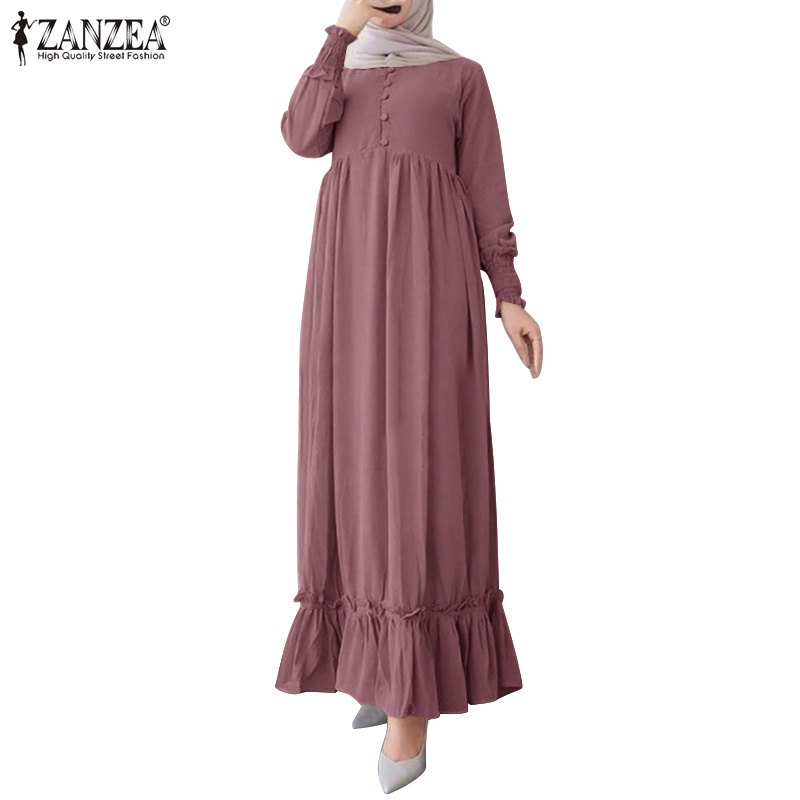Đầm maxi ZANZEA tay dài màu trơn phong cách hồi giáo thời trang vintage cho nữ