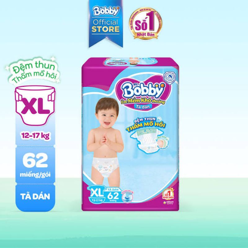 Tã dán Bobby M76 , L68 , XL62 - Đệm lưng thấm mồ hôi (đủ size)