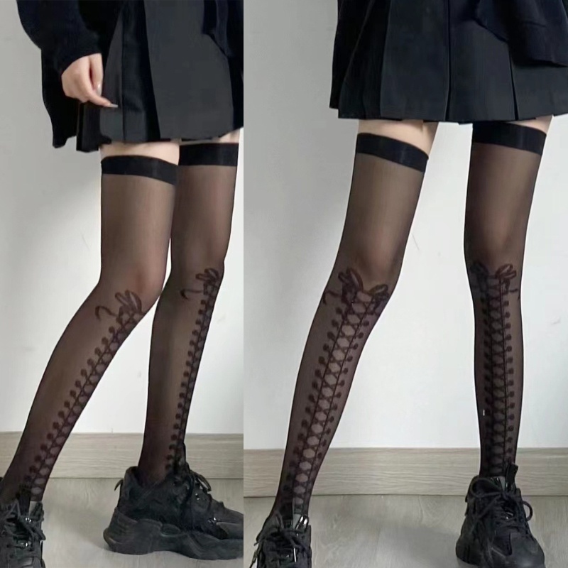 Youyo Vớ Cao Qua Đùi Mỏng Màu Đen Phối Nơ Phong Cách Harajuku Nhật Bản Harajuku Cho Nữ