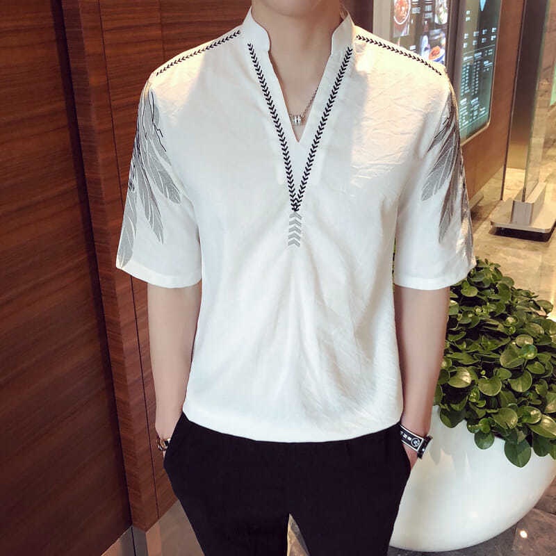 Áo Sơ Mi Nam Tay Lỡ Cổ Chữ V Thời Trang Hàn