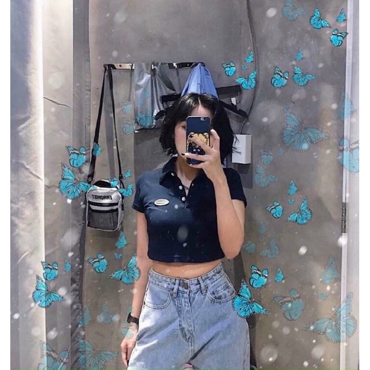 Áo croptop nữ cổ bẻ polo thêu hình 3 màu (trắng/đen/đỏ