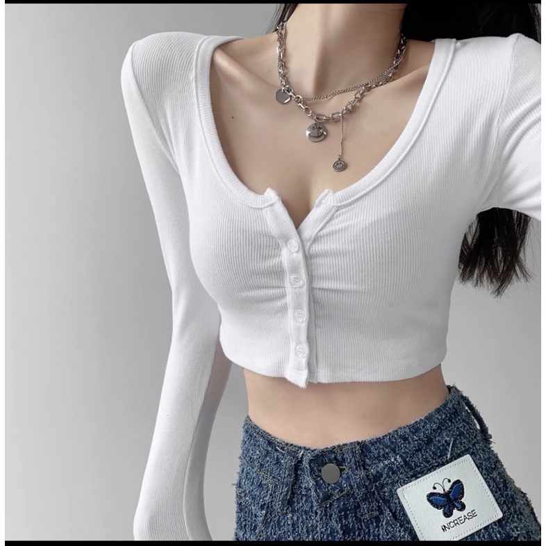 Áo Croptop Tay Dài Chất Thun Gân Co Dãn