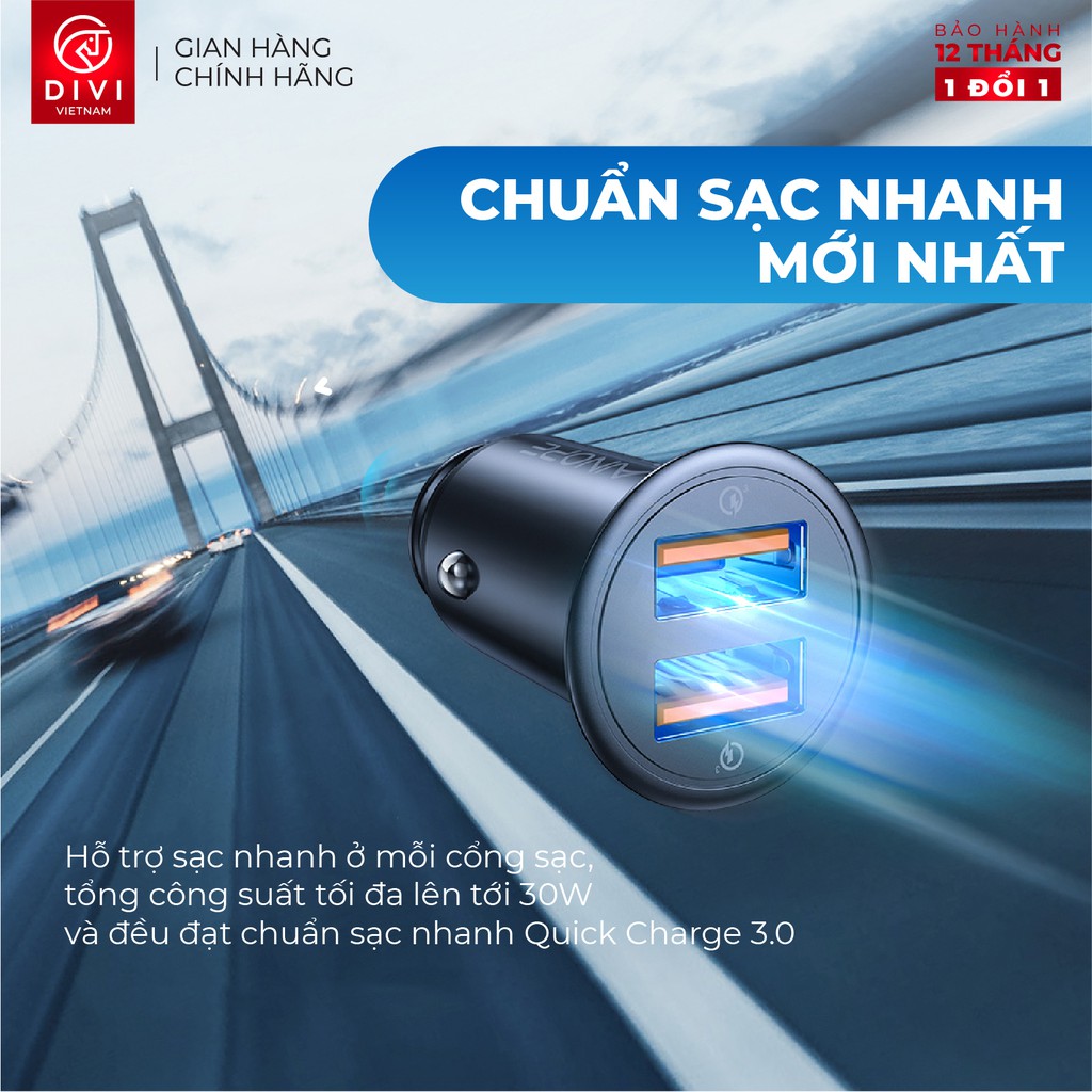 Tẩu sạc nhanh ô tô DIVI AV829 - Sạc nhanh QC 3.0 - 2 cổng USB - Hàng phân phối chính hãng - Bảo hành 12 tháng 1 đổi 1