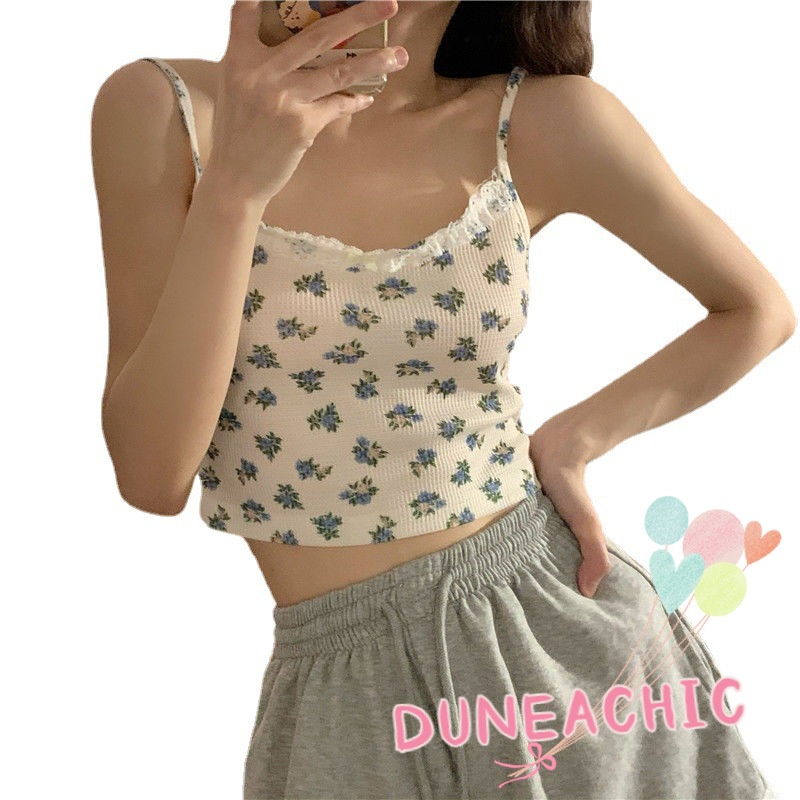 DUNEA Áo hai dây/ Áo croptop tay phồng họa tiết hoa cổ vuông thời trang sành điệu dành cho nữ