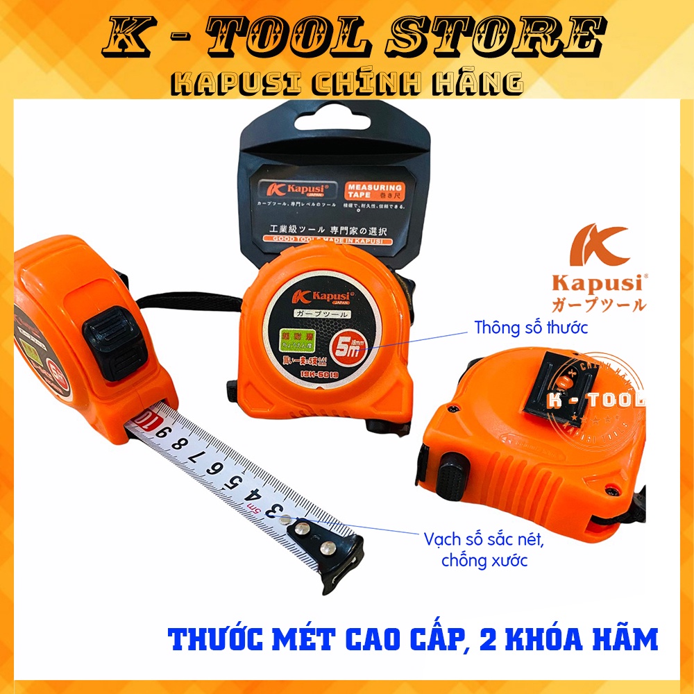 Thước Rút, Thước Cuộn Thép 5m Kapusi Nhật Bản vỏ nhựa ABS Chống sốc, số in sắc nét, 2 khóa hãm