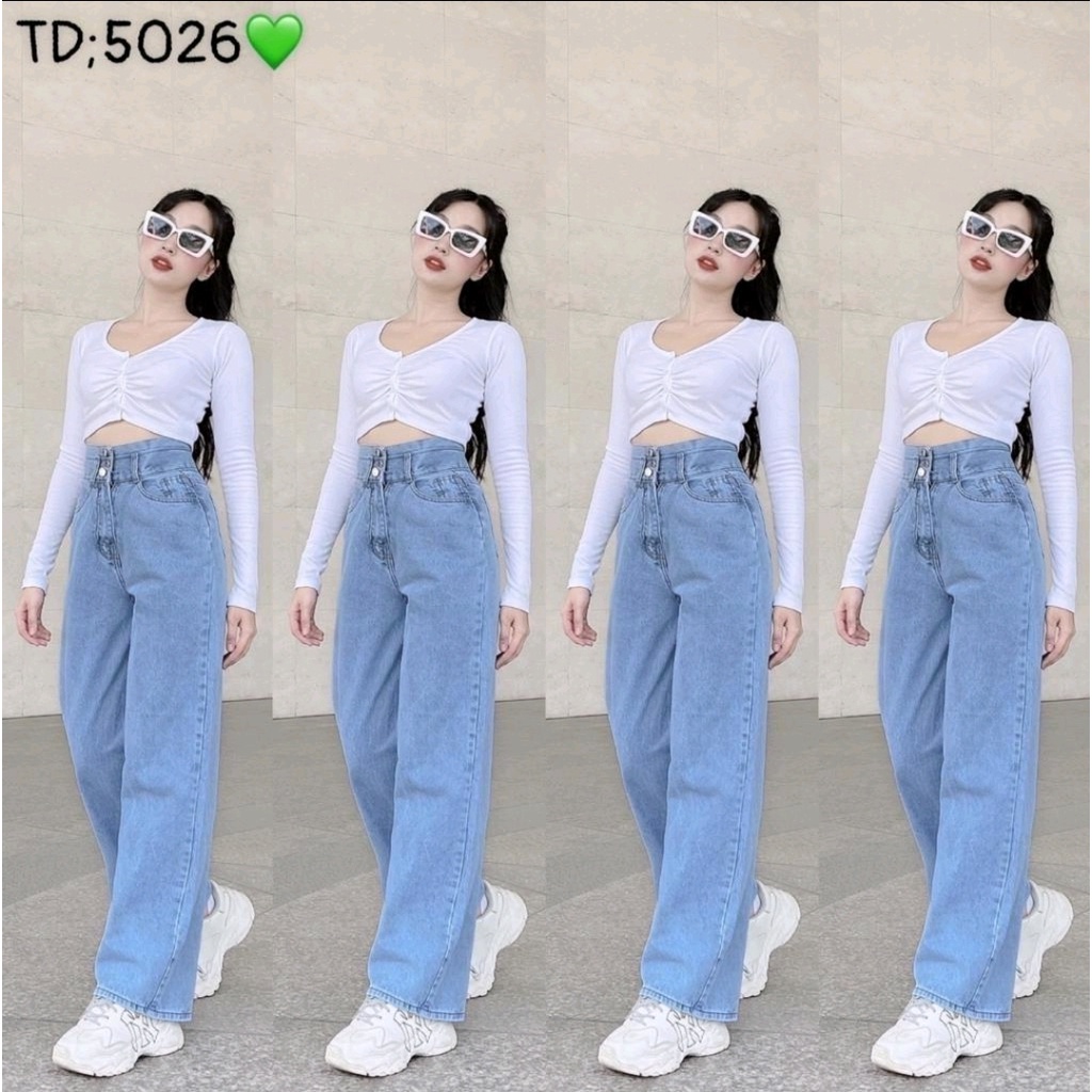Quần Ống Rộng 2 Nút Lưng Cao Chất Jean Dày Dặn Màu Xanh Đậm Và Xanh Nhạt - 302
