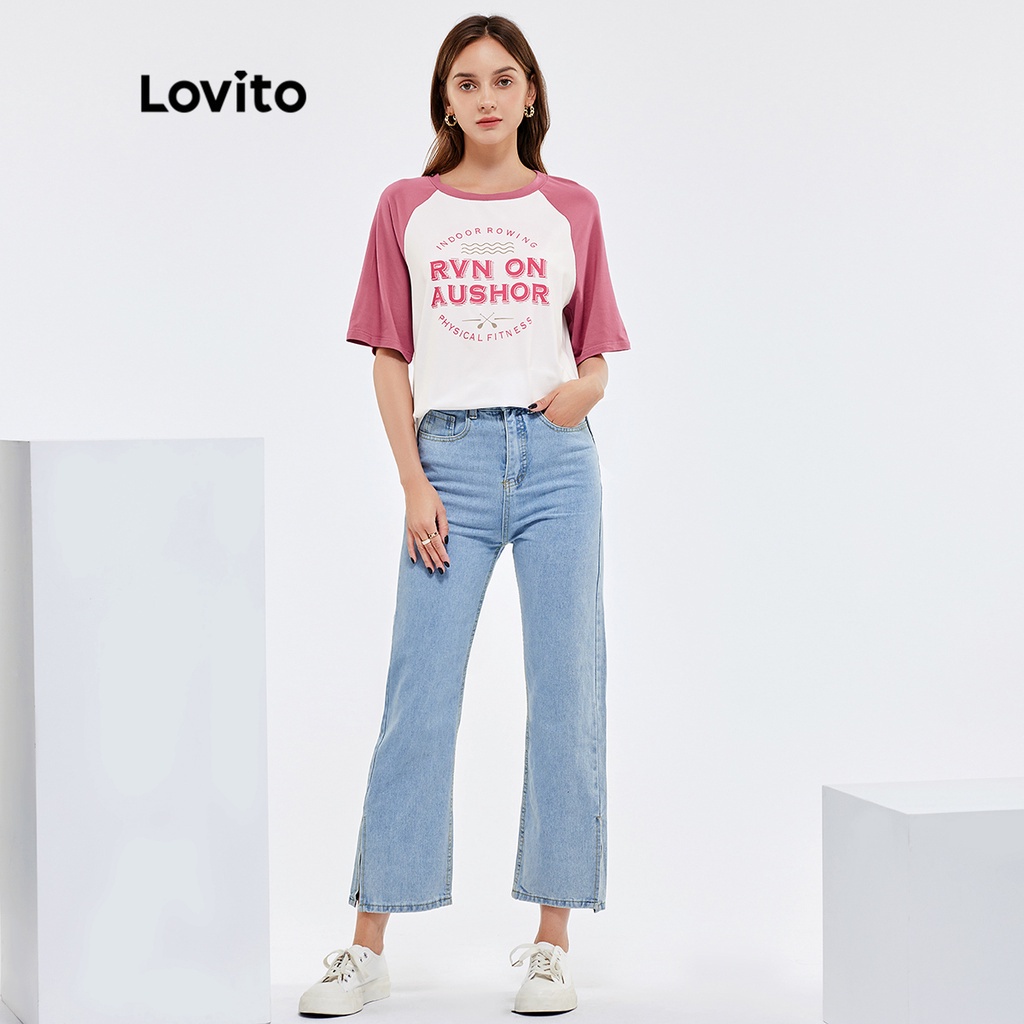 Áo thun Lovito tay ráp nối lửng cổ tròn họa tiết chữ ghép nối màu sắc phong cách thường ngày L25AD010 (màu hồng)