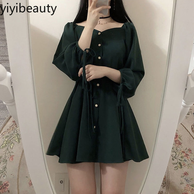 Đầm ngắn tay phồng eo cao dáng ôm phối một hàng nút phong cách mùa thu Hàn Quốc cho nữ | BigBuy360 - bigbuy360.vn