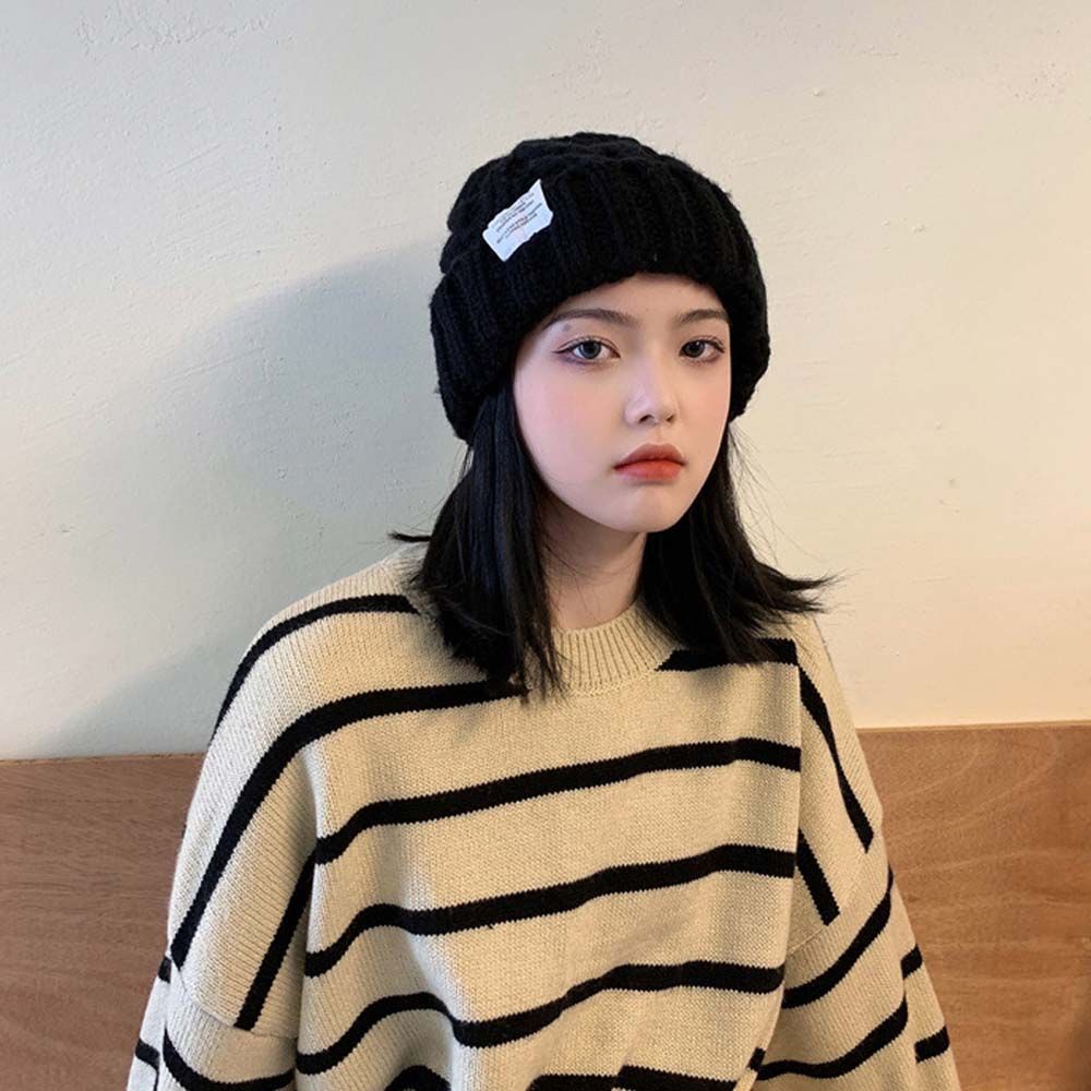 Mũ beanie dệt kim màu trơn phối chữ thời trang Hàn Quốc mùa đông dành cho nữ