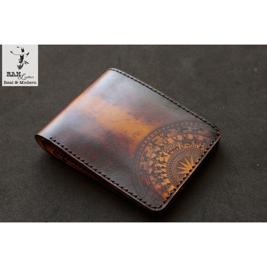 Ví nam Nữ Da Bò Italia Vegtan RAM Leather Màu Nâu Đỏ Trống Vàng