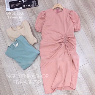 Váy xoắn eo tay bồng chất liệu đũi xước cao cấp