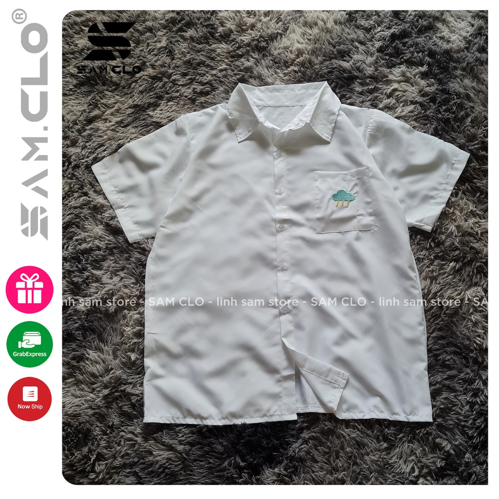 Áo sơ mi nữ SAM CLO cổ bẻ tay ngắn có túi - lỡ ulzzang form freesize dáng rộng unisex mặc cặp, nhóm, couple HÌNH THÊU