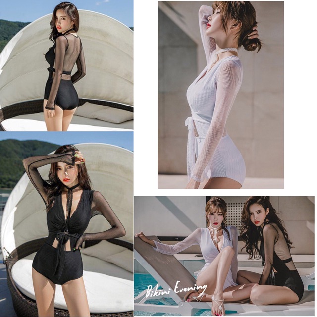 Ảnh thật MONOKINI TAY DÀI PHA LƯỚI QUYẾN RŨ áo tắm một mảnh dài tay sexy gợi cảm bikini liền thân bộ bơi đẹp