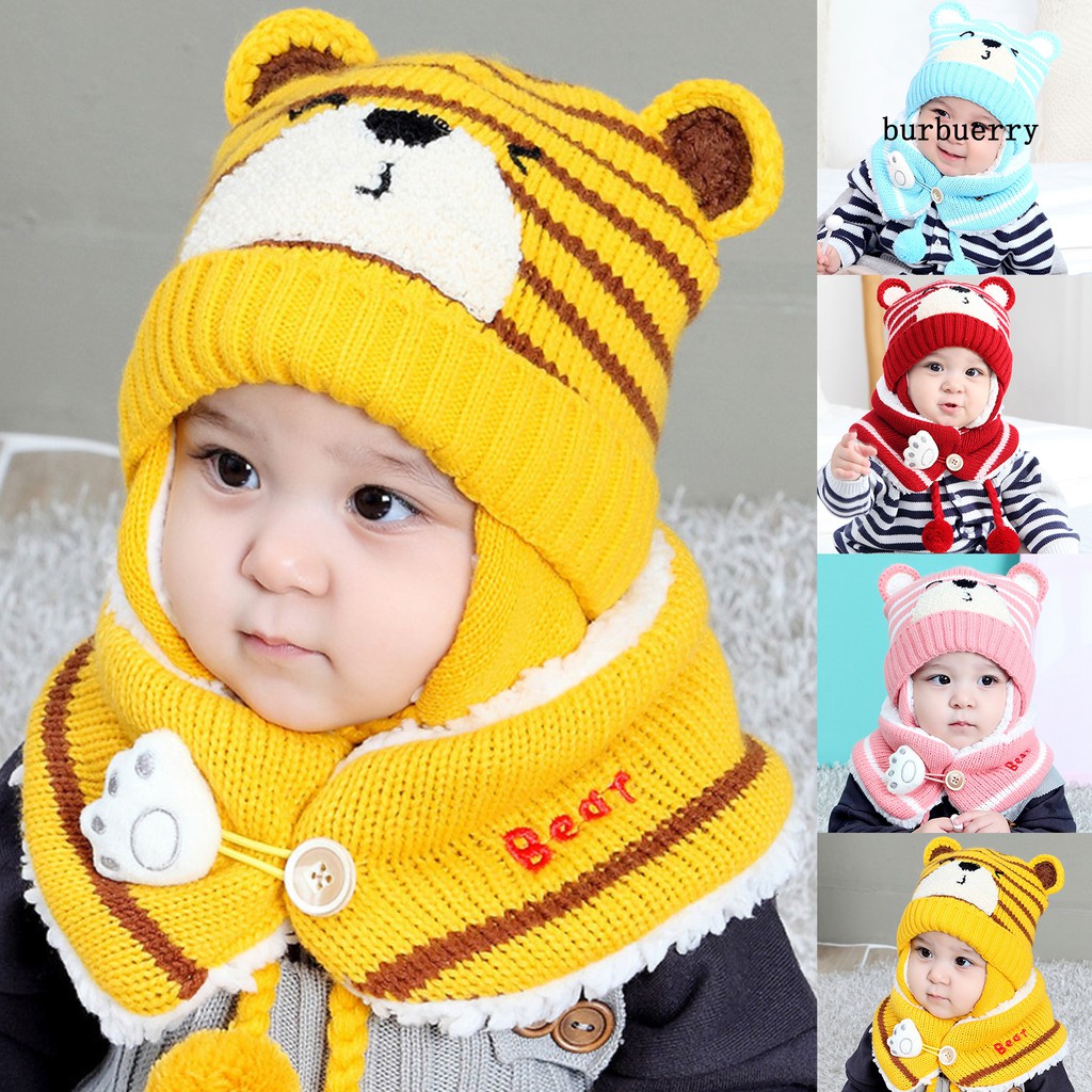 Bộ mũ khăn choàng và chụp tai dệt kim gân sọc họa tiết gấu hoạt hình ấm áp mùa đông dành cho bé trai và bé gái