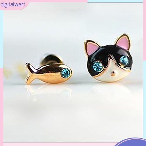 Cặp khuyên tai không đối xứng hình mèo và cá dễ thương nhỏ xinh dành cho nữ