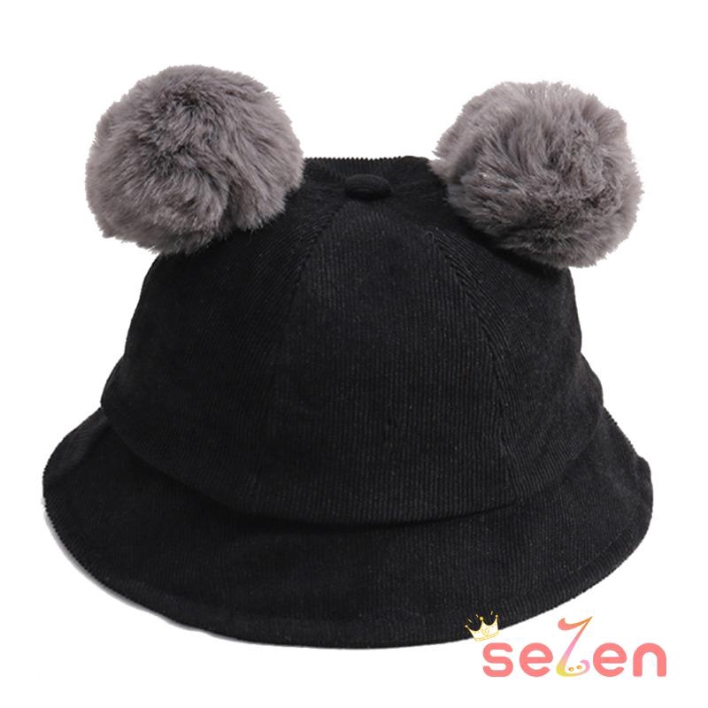 Nón vành tròn vải nhung sọc kẻ màu trơn đính quả bông xinh xắn cho bé