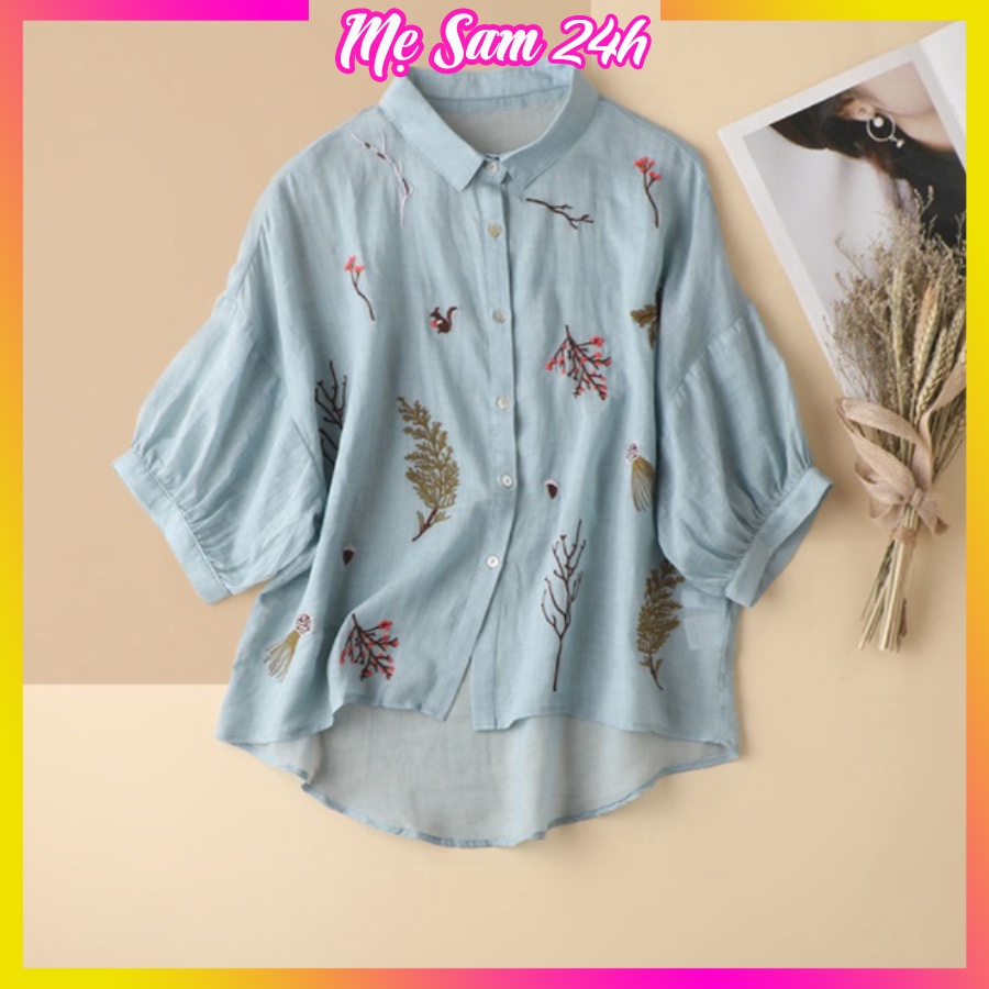 Áo sơ mi nữ tay lỡ thêu hoa Mẹ Sam 24h chất liệu đũi tơ mềm nhẹ mát, form thoải mái SMH.55