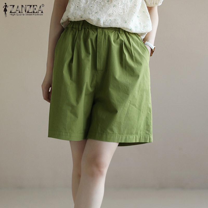 Quần đùi ZANZEA ống rộng lưng thun màu trơn đơn giản phong cách Hàn Quốc cho nữ