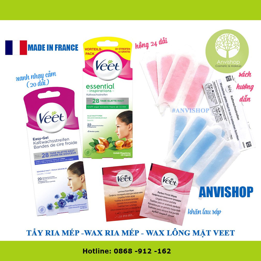 Miếng wax ria mép Veet hộp 20 miếng 4 gói ức chế lông - tẩy lông mép ANVISHOP