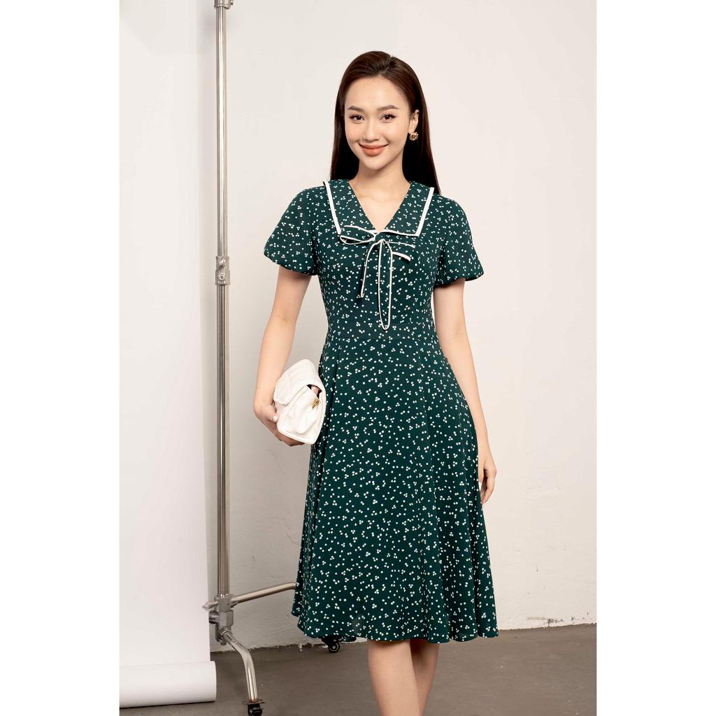 Đầm dáng xòe, tay bồng, cổ buộc nơ, viền cổ màu trắng MMOutfit M-DA061121347