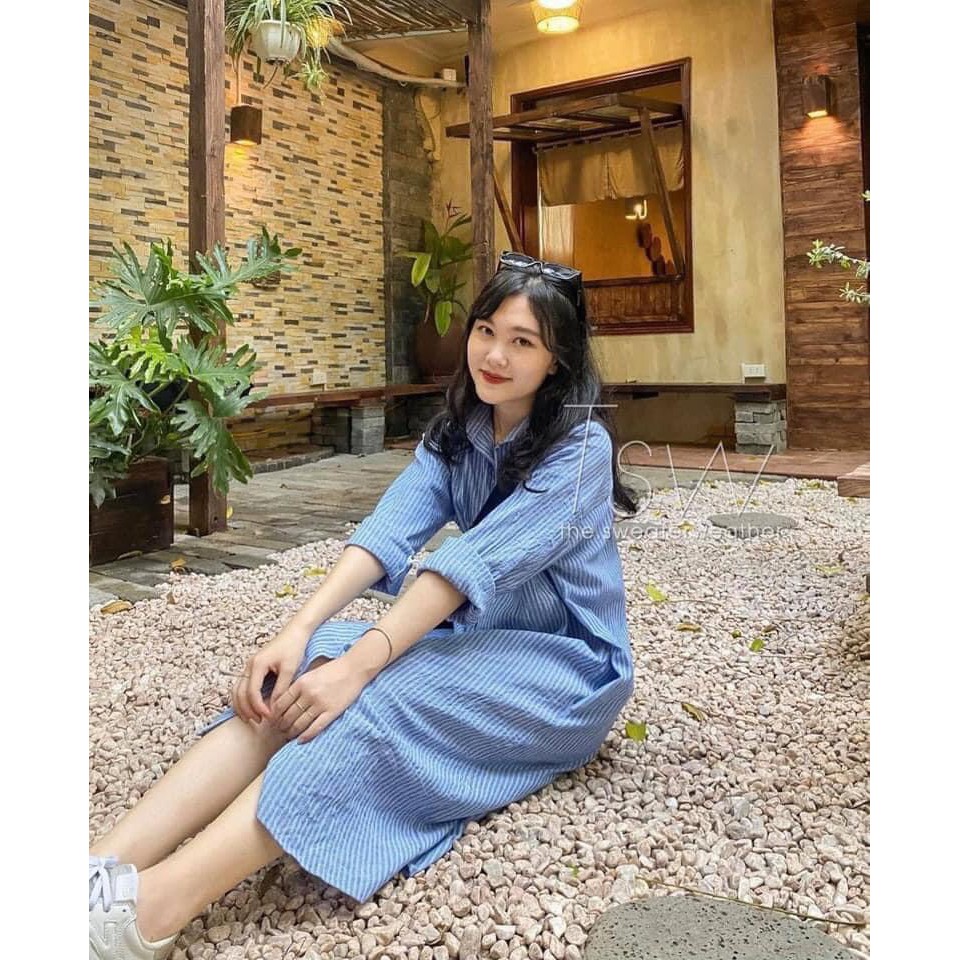 [Ảnh thật] Đầm - Váy sơ mi kẻ sọc dài tay kèm đai ulzzang