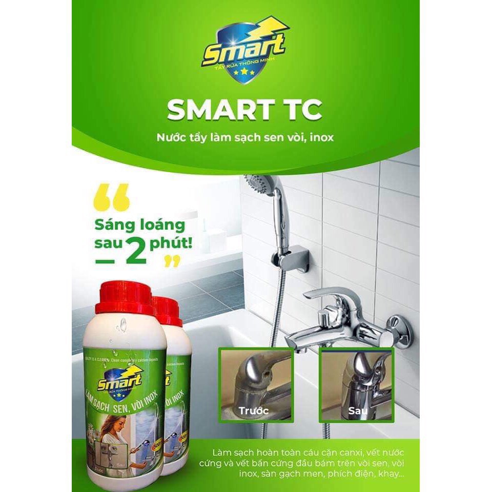 Smart TC- nước tẩy làm sạch inox, sen vòi. Công ty thay đổi bao bì từ chai tròn sang chai dẹt.