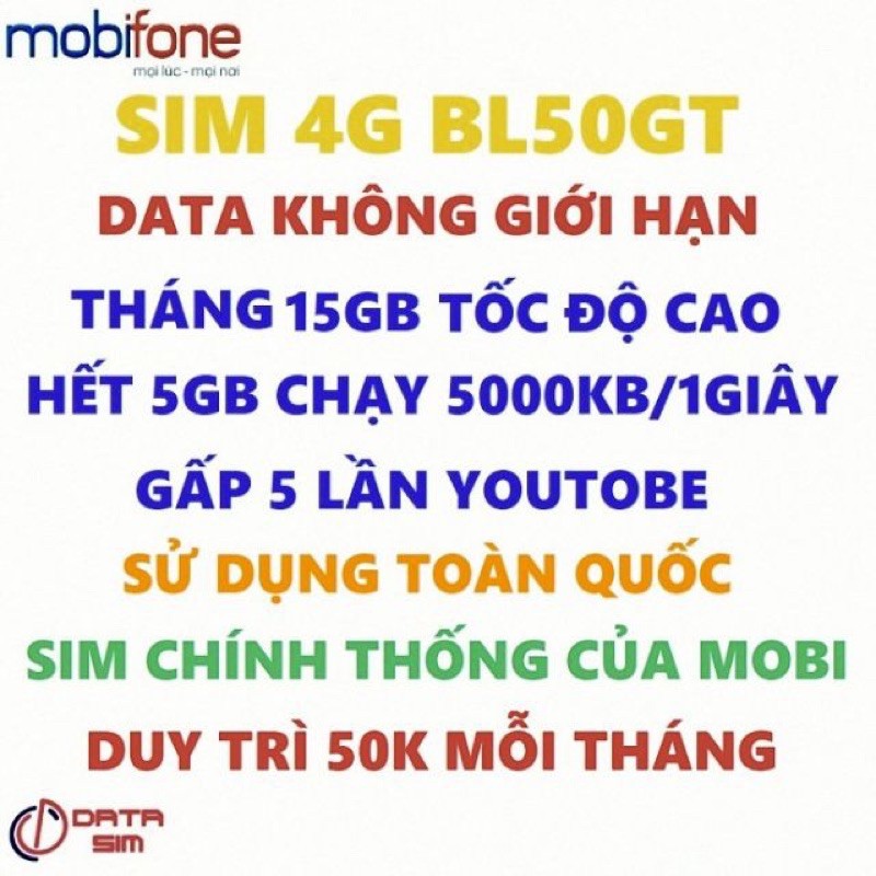 Sim 3g/4g mobifone không giới hạn băng thông 1tỷ G 1 tháng phí duy trì hàng tháng 50k  sim có thẻ nghe gọi được