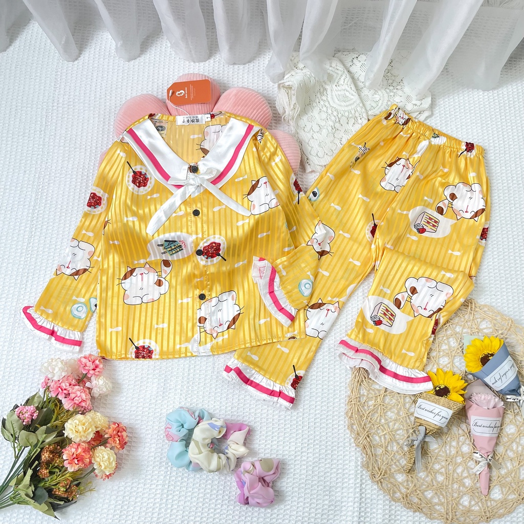 Bộ Đồ Ngủ Pijama Lụa Gấm Hàn Nhiều Màu Dành Cho Bé Gái Size Từ 14-36Kg Babi mama BPN18