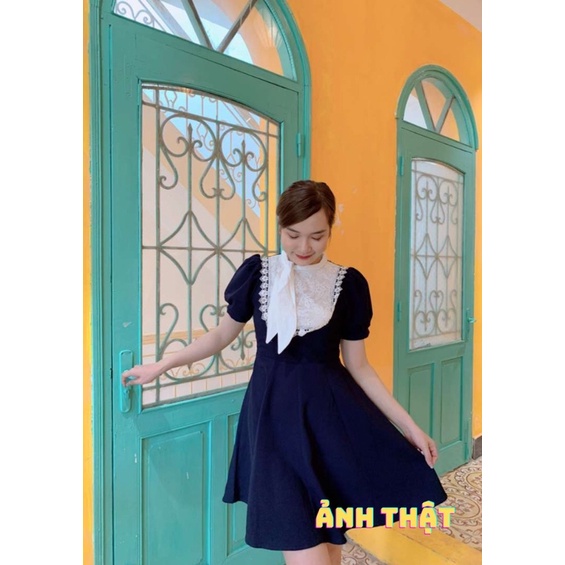 Đầm Công Sở Tay Ngắn Dáng Xòe YANG YANG Váy Thiết Kế Ren Cổ Phối Nơ Liền Điệu Đà, Sang Trọng